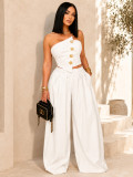 Women Strapless Irregular Gold Buckle Top & Wide‑Leg Pants Two‑Piece Set