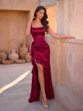 Women Sexy Burgundy Spaghetti Strap Ruffle Wedding Evening Gown