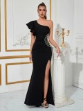 Women Slash Shoulder Floral Sleeveless French Slit Party Evening Dress