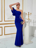 Women Slash Shoulder Floral Sleeveless French Slit Party Evening Dress