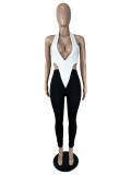Women Sexy Solid Patchwork V‑Neck Halter Neck Tie Jumpsuit