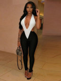 Women Sexy Solid Patchwork V‑Neck Halter Neck Tie Jumpsuit