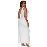 Pure color high-elasticated pleated slit cut-off sexy single-shoulder nightclub dress for women
