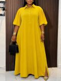 Plus Size Women African Elegant Solid Turndown Collar Maxi Dress