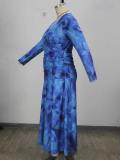 Plus Size Women Blue Tie‑Dye V‑Neck Long Sleeve Ruched Bodycon Dress