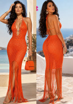 Women Halter Neck Beaded Knit Hollow‑Out Beach Holiday Tassel Cover‑Up Maxi Dress Women Halter Neck Beaded Knit Hollow‑Out Beach Holiday Tassel Cover‑Up Maxi Dress