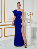 Women Slash Shoulder Floral Sleeveless French Slit Party Evening Dress