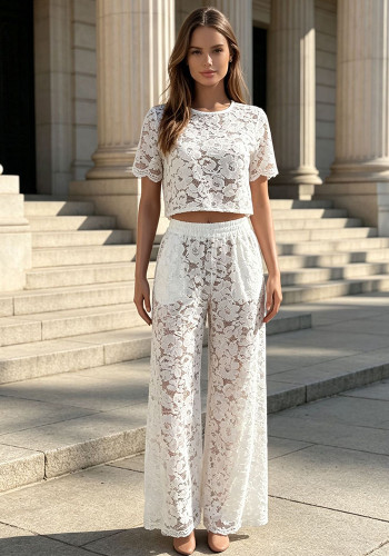Women Sexy Hollow‑Out Lace Short Sleeve Top & Pants Two‑Piece Set