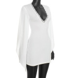 Women Autumn Solid Casual Ruffle Bell Bottom Long Sleeve Dress