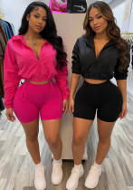 Women Solid Zip‑Up Top & Shorts Two‑Piece Set Women Solid Zip‑Up Top & Shorts Two‑Piece Set