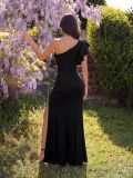Women Slash Shoulder Floral Sleeveless French Slit Party Evening Dress