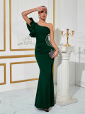 Women Slash Shoulder Floral Sleeveless French Slit Party Evening Dress