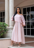 Plus Size Women Summer‑Autumn Solid Casual Slash Shoulder Long Sleeve Coat & Strap Dress Two‑Piece Set（Processing time need 3-6 days）