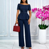 Women Sexy Off Shoulder Short Sleeve Top & Solid Casual Pant Two‑Piece Set