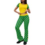 Women Printed Short Sleeve Top & Bell Bottom Pants Two‑Piece Set