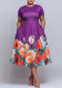 Plus Size Women Elegant Round Neck Short Sleeve Purple Print Dress