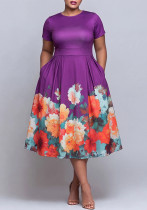 Plus Size Women Elegant Round Neck Short Sleeve Purple Print Dress Plus Size Women Elegant Round Neck Short Sleeve Purple Print Dress