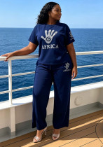Plus Size Women African Palm Beaded Short Sleeve Top & Wide‑Leg Pants Two‑Piece Set Plus Size Women African Palm Beaded Short Sleeve Top & Wide‑Leg Pants Two‑Piece Set