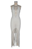 Women Halter Neck Beaded Knit Hollow‑Out Beach Holiday Tassel Cover‑Up Maxi Dress