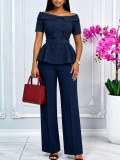 Women Sexy Off Shoulder Short Sleeve Top & Solid Casual Pant Two‑Piece Set
