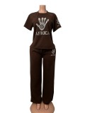 Plus Size Women African Palm Beaded Short Sleeve Top & Wide‑Leg Pants Two‑Piece Set