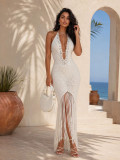 Women Halter Neck Beaded Knit Hollow‑Out Beach Holiday Tassel Cover‑Up Maxi Dress
