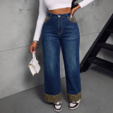 Women Autumn‑Winter Color‑Block Leopard Denim Wide‑Leg Pants