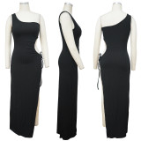 Pure color high-elasticated pleated slit cut-off sexy single-shoulder nightclub dress for women