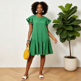 Women Summer Solid Dress with Tiered Ruffle Sleeves