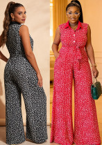 Plus Size Women Spring‑Summer Sexy Sleeveless Polka Dot Belted Pocket Jumpsuit