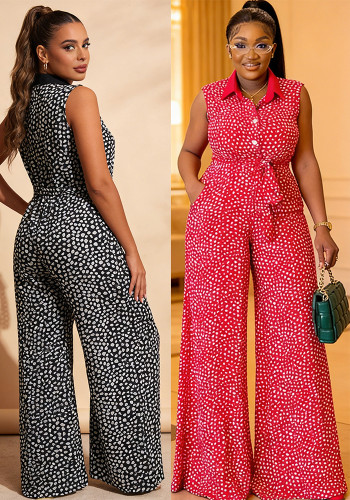 Plus Size Women Spring‑Summer Sexy Sleeveless Polka Dot Belted Pocket Jumpsuit