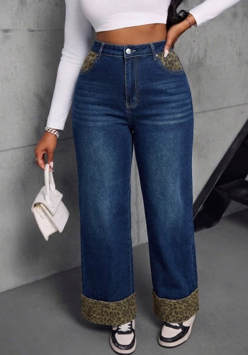 Women Autumn‑Winter Color‑Block Leopard Denim Wide‑Leg Pants