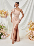 Women Slash Shoulder Floral Sleeveless French Slit Party Evening Dress