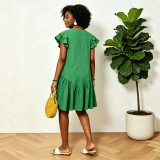 Women Summer Solid Dress with Tiered Ruffle Sleeves