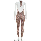 Women Autumn Sexy Leopard Print Halter Neck V‑Neck Backless Jumpsuit