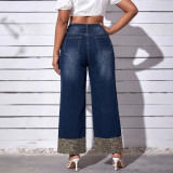 Women Autumn‑Winter Color‑Block Leopard Denim Wide‑Leg Pants