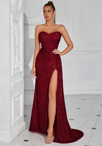Women's Sleeveless Slit Sequin Sexy Strapless Maxi Dress Party Evening Dress