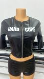 Women's PU Leather Letter Print Zipper Top + Shorts Two-Piece Set