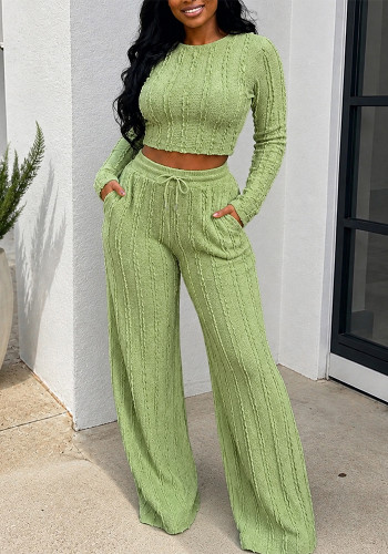 Women's Casual Long-Sleeve Crop Top and Wide-Leg Pants Two-Piece Set