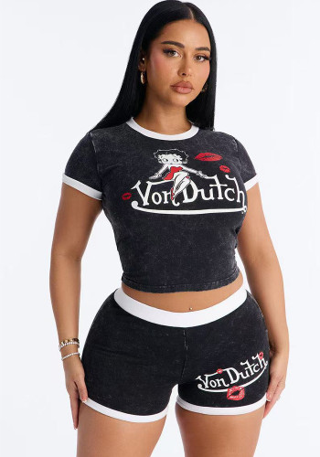 Women's Cartoon Print Crop Top + Shorts Two-Piece Set