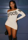 Women's Letter Print Slash Shoulder Long-Sleeve Stretchy Bodycon Dress