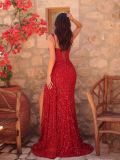 Women's Red Sequined Sleeveless Square Neck Slit Dress Maxi Dress