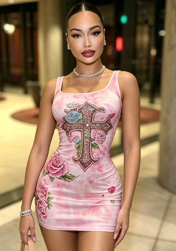 Women's Pink Tie-Dye Beaded Cross Print Bodycon Dress