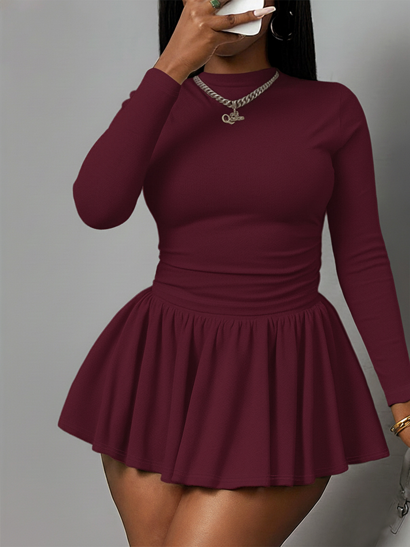 High-Neck Pleated Long-Sleeve Dress for Casual Wear