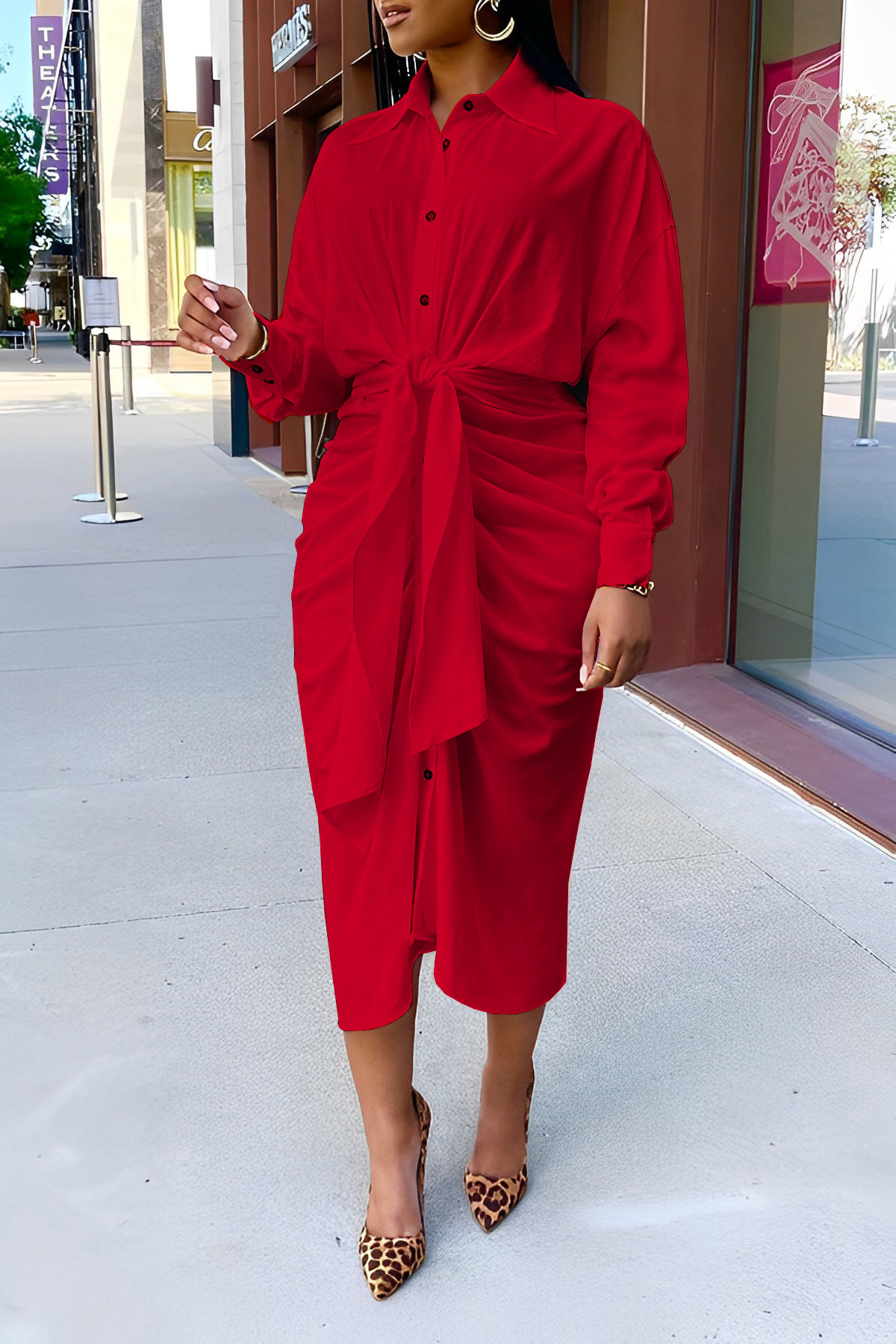 Turndown Collar Lace-Up Irregular Maxi Dress for Autumn