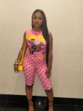 Women's Summer Pink Sleeveless Printed Top and Polka Dot Shorts Two-Piece Set