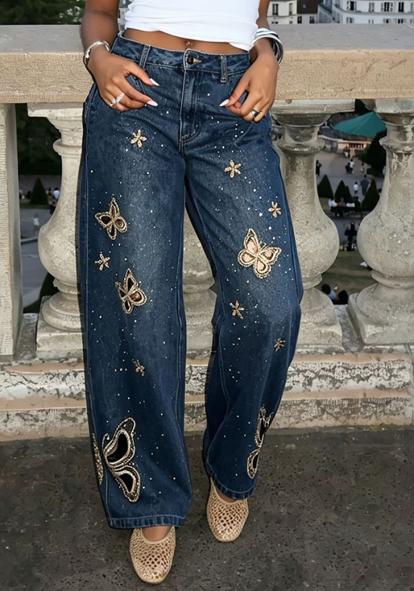 Women's Butterfly Embroidered Beaded Denim Pant