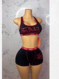 Women's Summer Color Block Letter Print Halter Neck Tank Top and Shorts Two-Piece Set