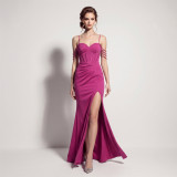 Women's Camisole Beaded Herringbone Pleated Slit Formal Party Evening Dress