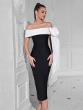 Women's Sexy One-Shoulder Bow Bandage Patchwork Evening Dress